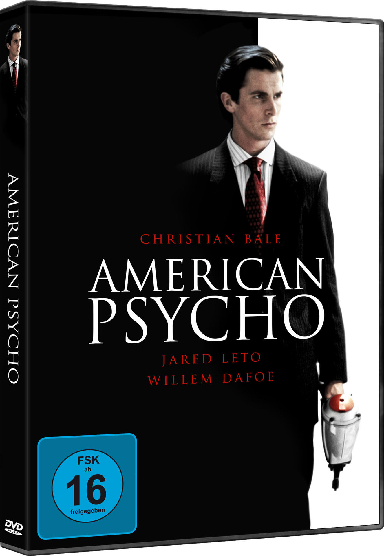 DVD-Cover von „American Psycho“ mit Christian Bale. Schwarzer Hintergrund, weißer Text und Bild.
