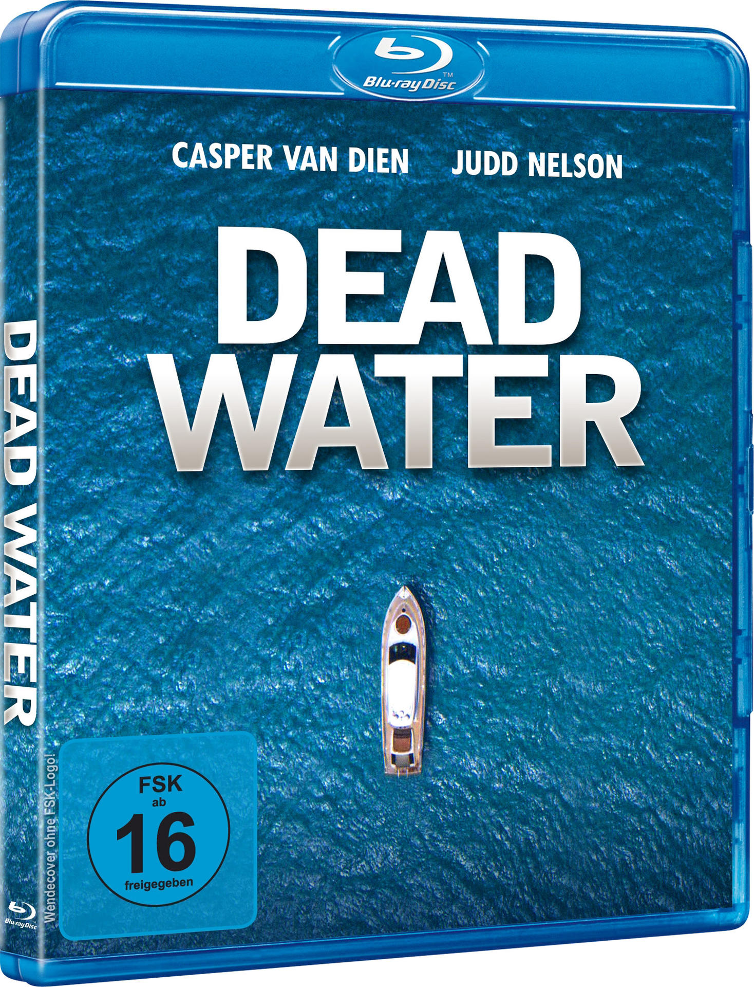 Blaue DVD-Hülle des Films 'Dead Water'. Ein Boot schwimmt auf blauem Wasser. Namen der Schauspieler sind sichtbar.