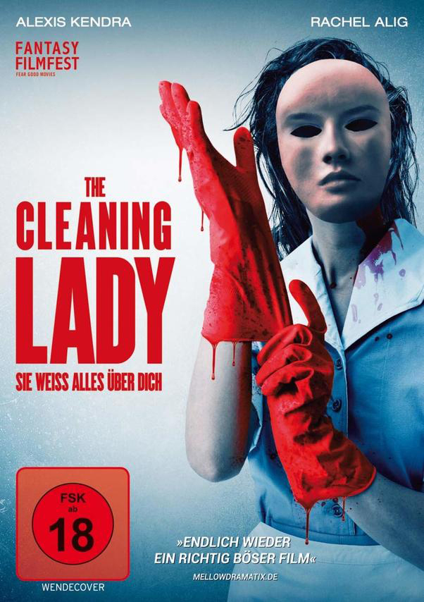 Filmplakat: eine Frau mit Maske und roten Handschuhen, Titel 'The Cleaning Lady'.
