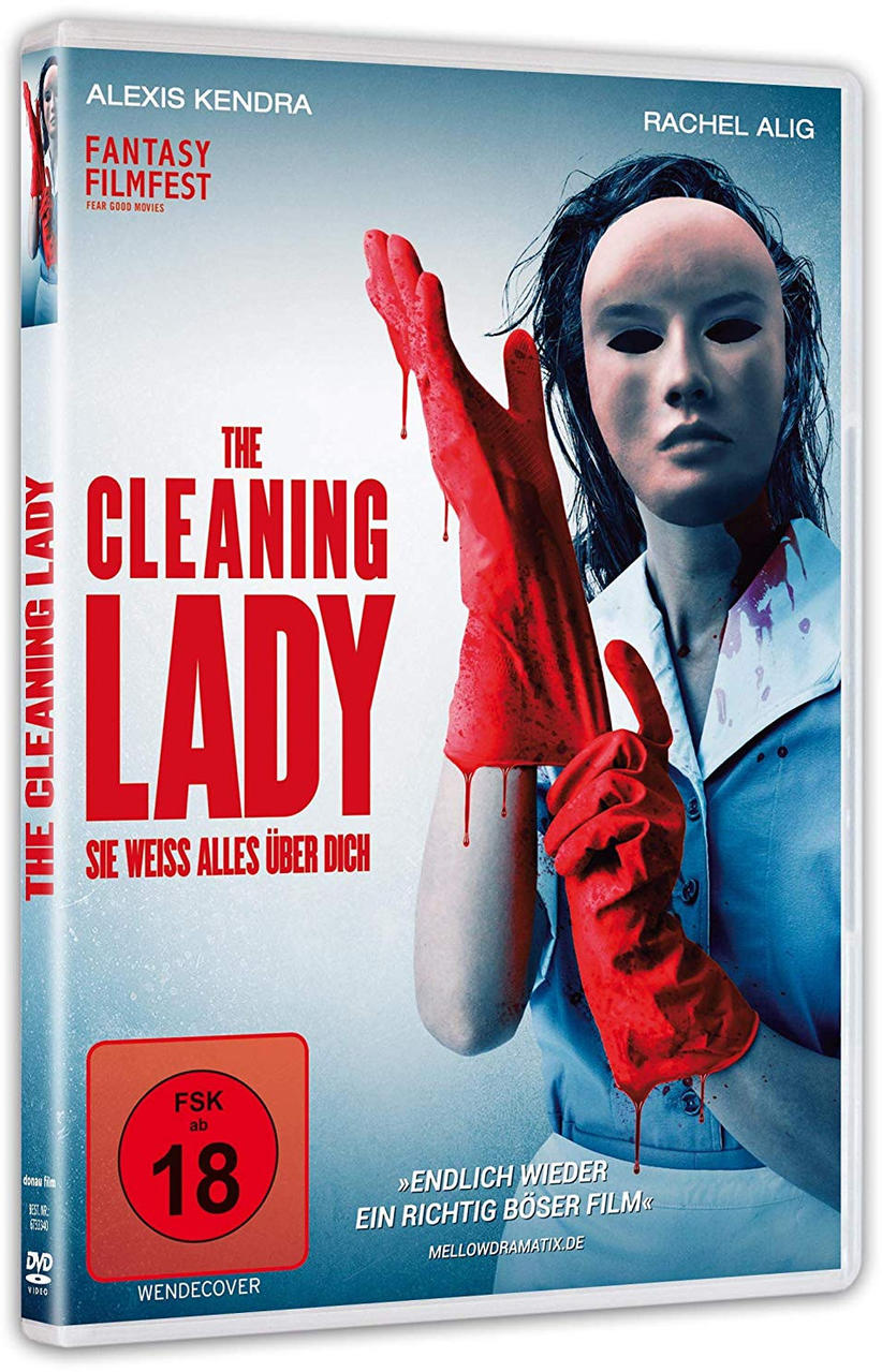 DVD-Hülle des Films 'The Cleaning Lady' mit einer Frau mit Maske und roten Handschuhen.