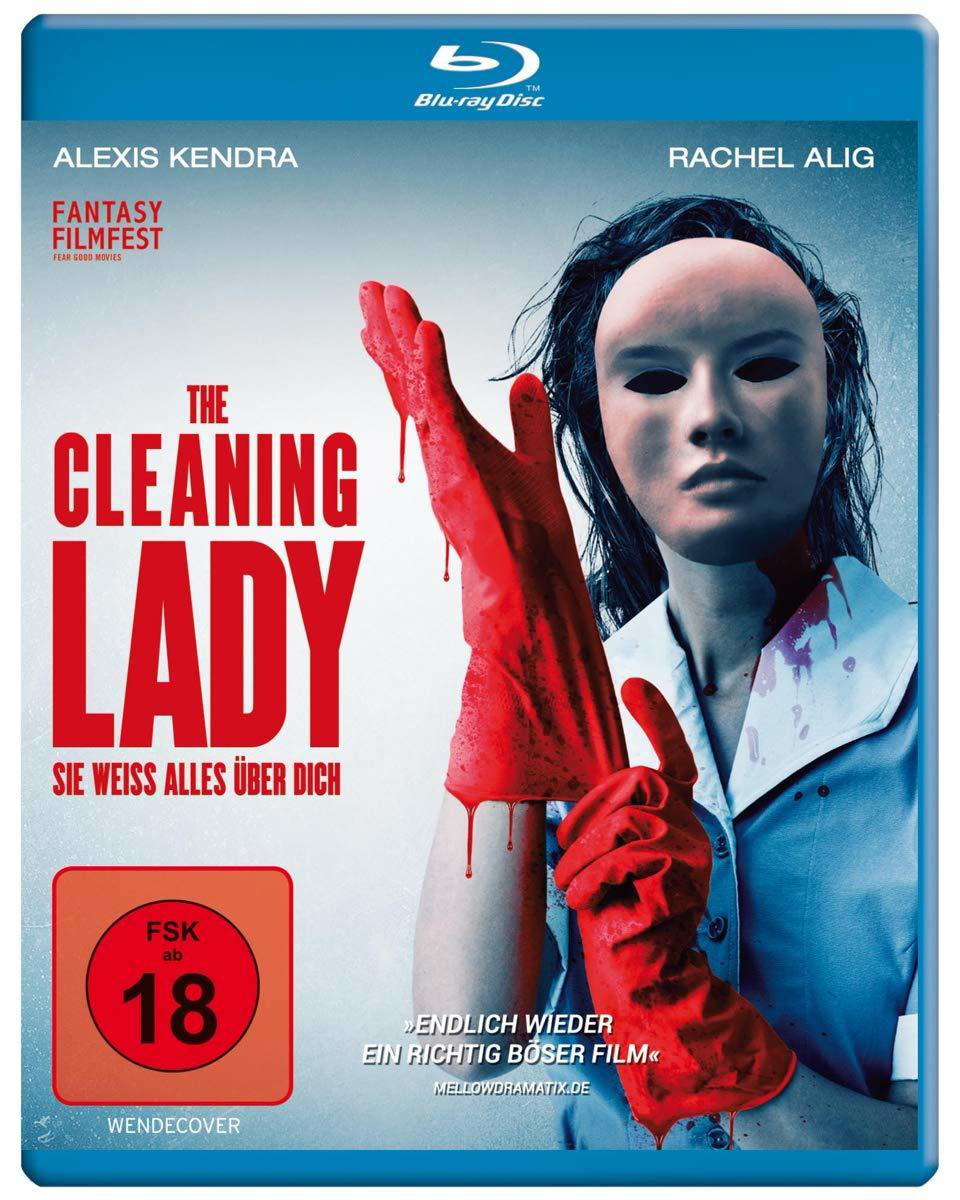 The Cleaning Lady Blu-ray Cover mit einer Frau mit Maske und roten Handschuhen.