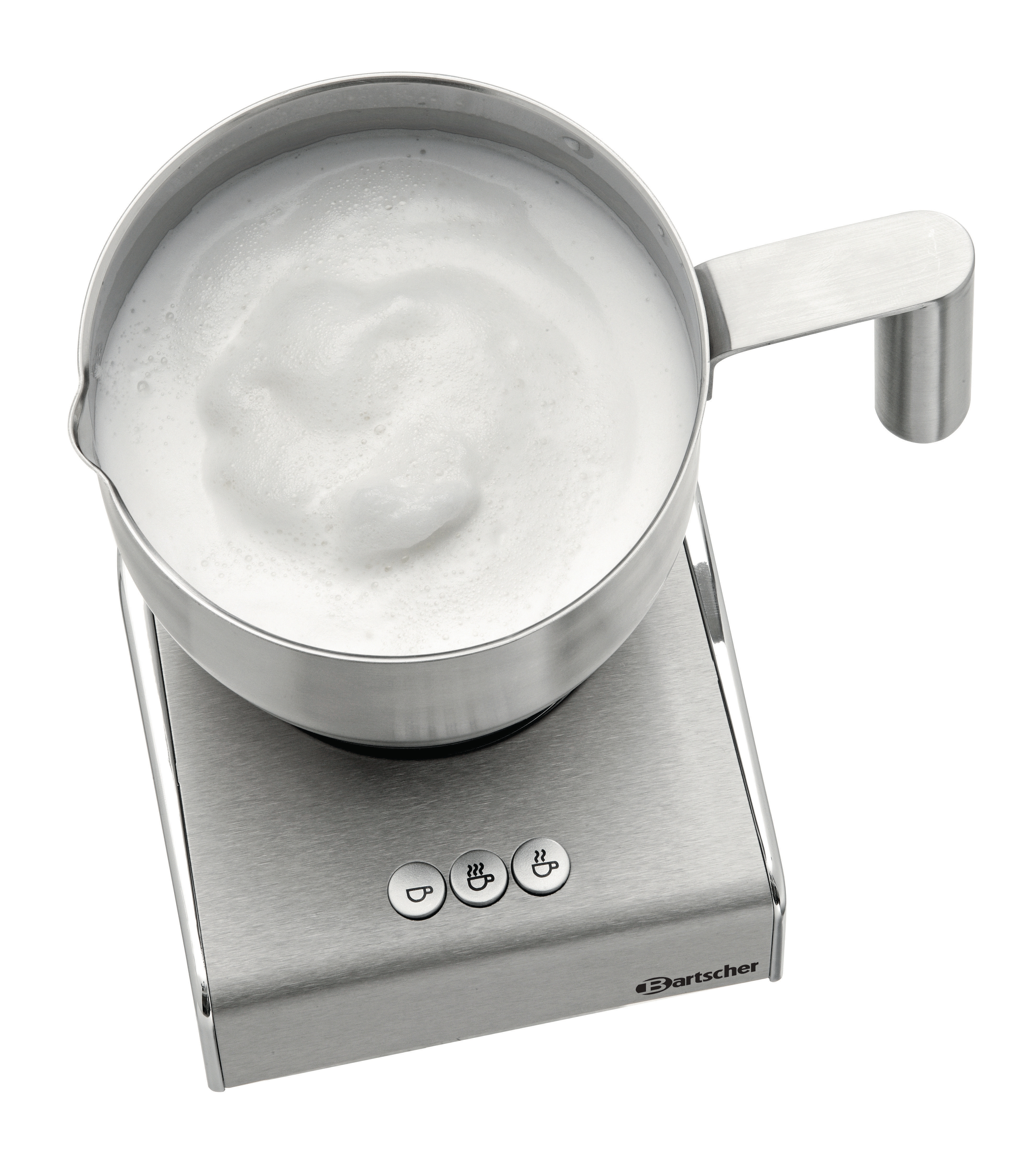 Eine Milchaufschäumaschine mit einem Edelstahlbehälter, gefüllt mit Milchschaum, und drei Knöpfen.