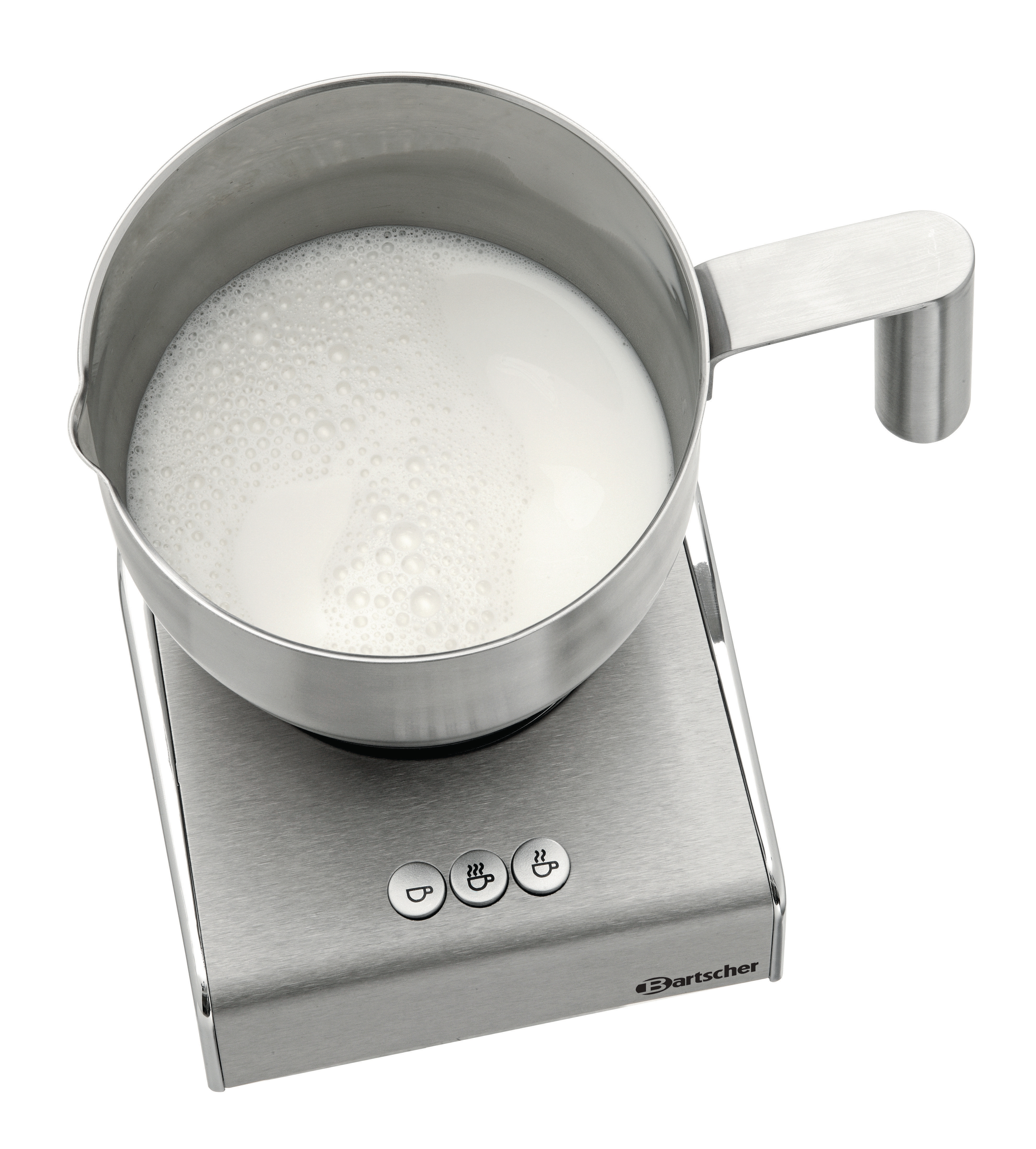 Ein Milchaufschäumer mit Milch. Er ist silberfarben und hat drei Knöpfe.