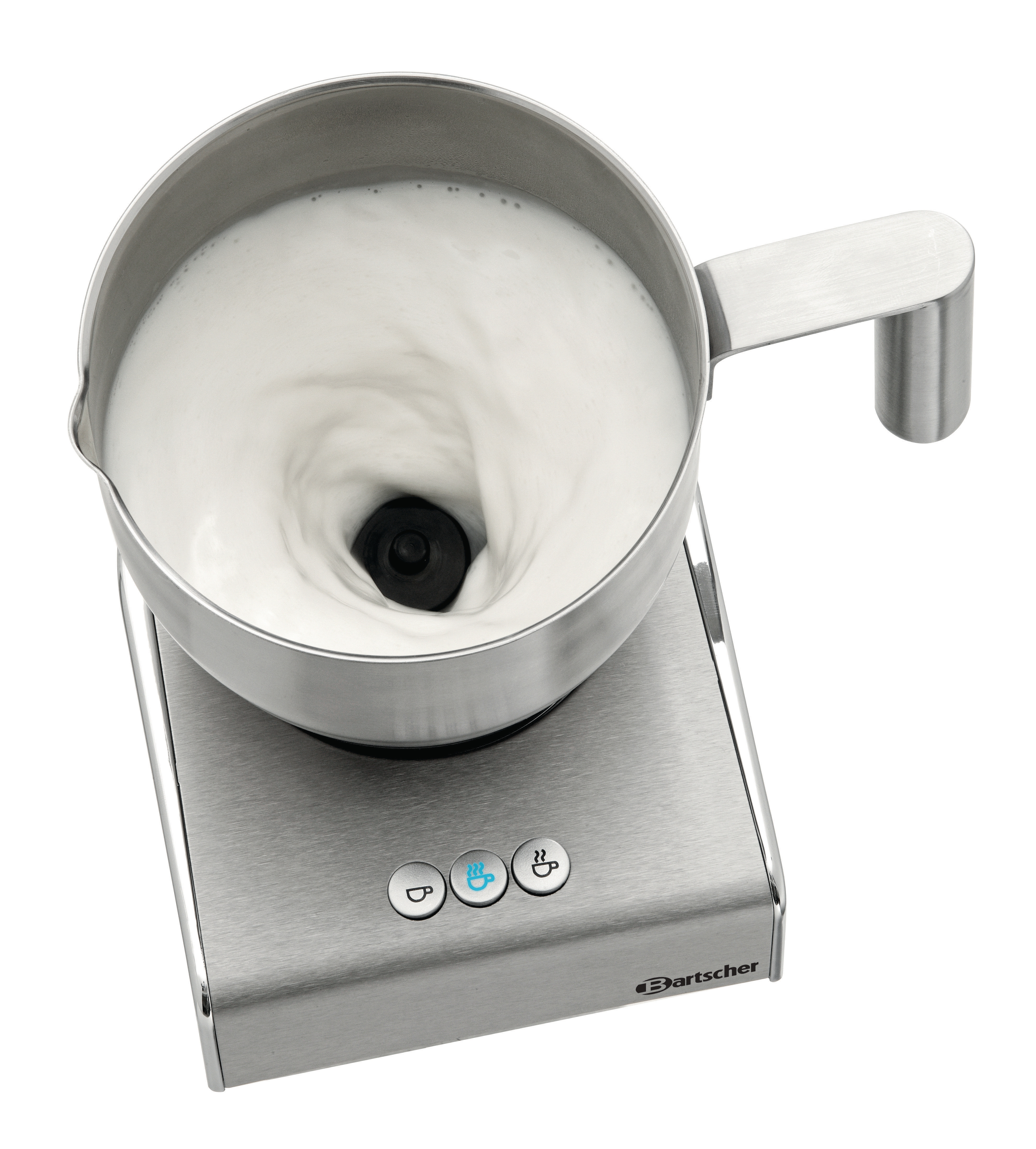 Ein Milchaufschäumer mit Edelstahlbasis und -behälter, der Milch aufschäumt. Knöpfe sind sichtbar. Der Aufschäumer steht vor weißem Hintergrund.