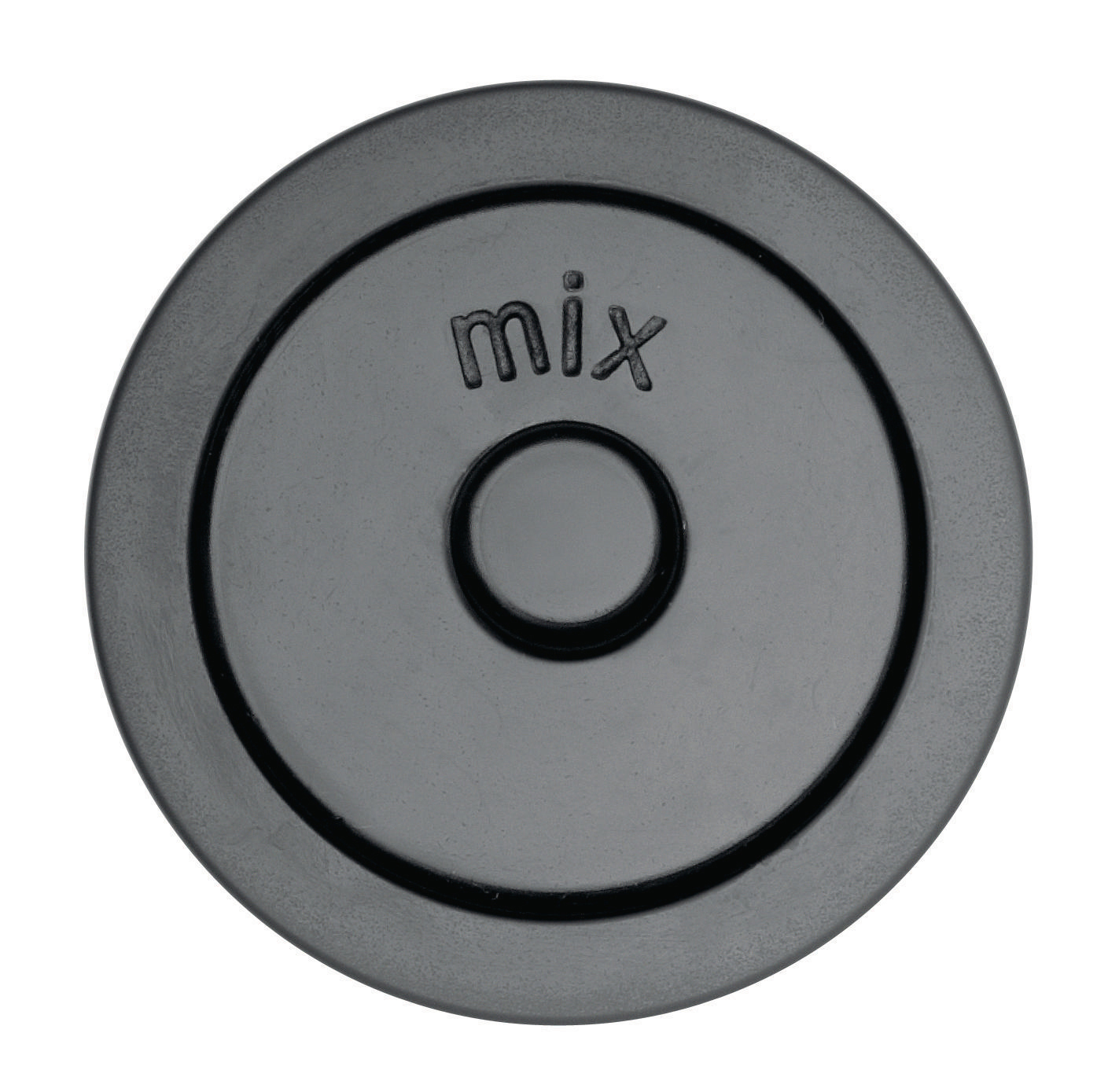 Ein dunkelgraues kreisförmiges Objekt mit dem Wort 'mix' in der Mitte. Es hat ein zentrales Loch und konzentrische Ringe.