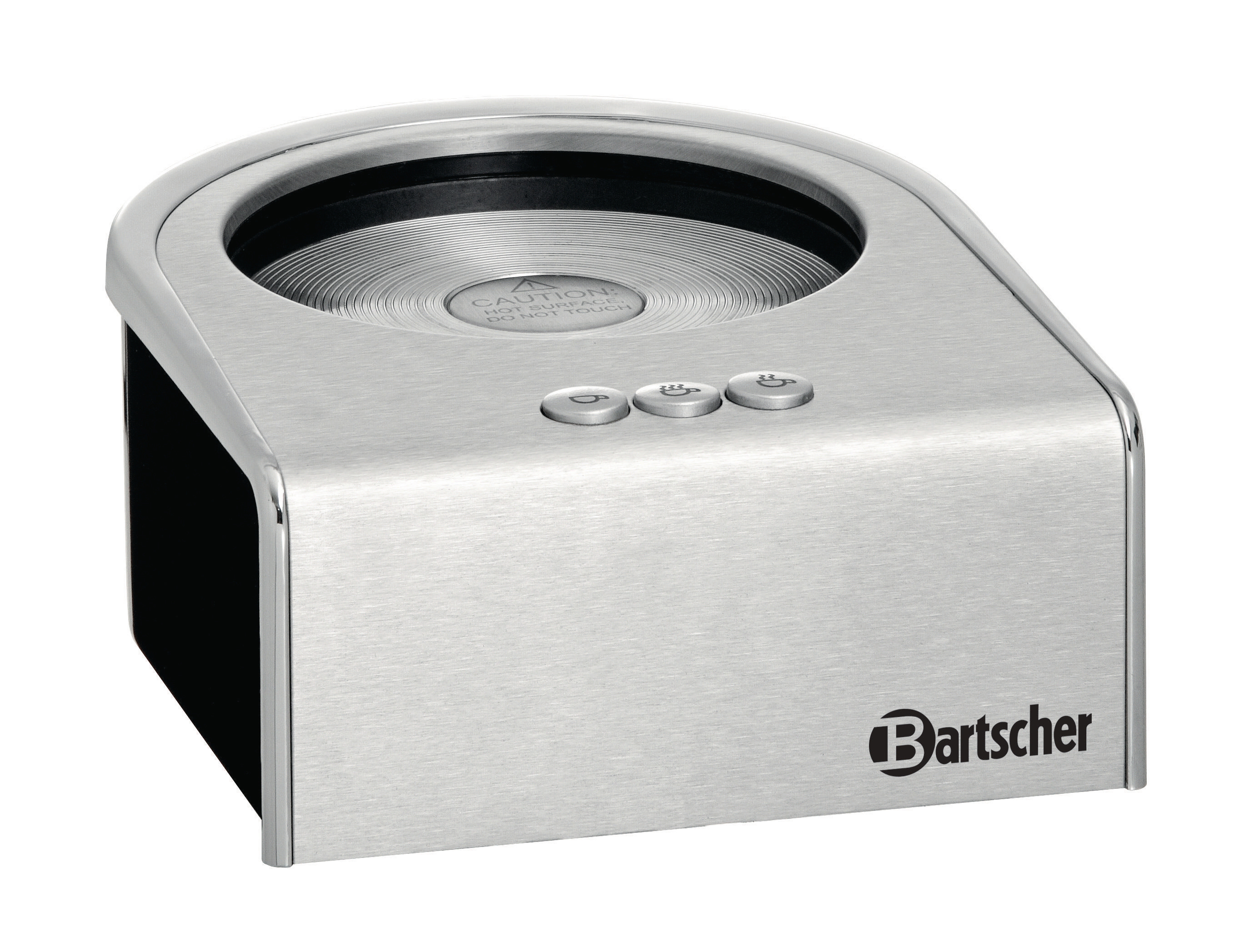 Ein metallischer Kaffee-Wärmer mit kreisförmiger Oberseite. Es hat Knöpfe und das 'Bartscher'-Logo.