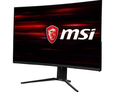 Un monitor MSI curvo con un fondo rojo y negro.