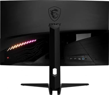 Vista trasera de un monitor de computadora negro sobre un soporte. El monitor tiene luces.