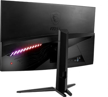 La parte trasera de un monitor MSI negro con un logotipo de escudo, luces rojas y moradas y varios puertos.