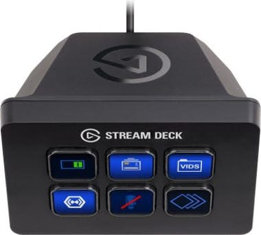 Un Stream Deck negro con múltiples botones iluminados en azul.