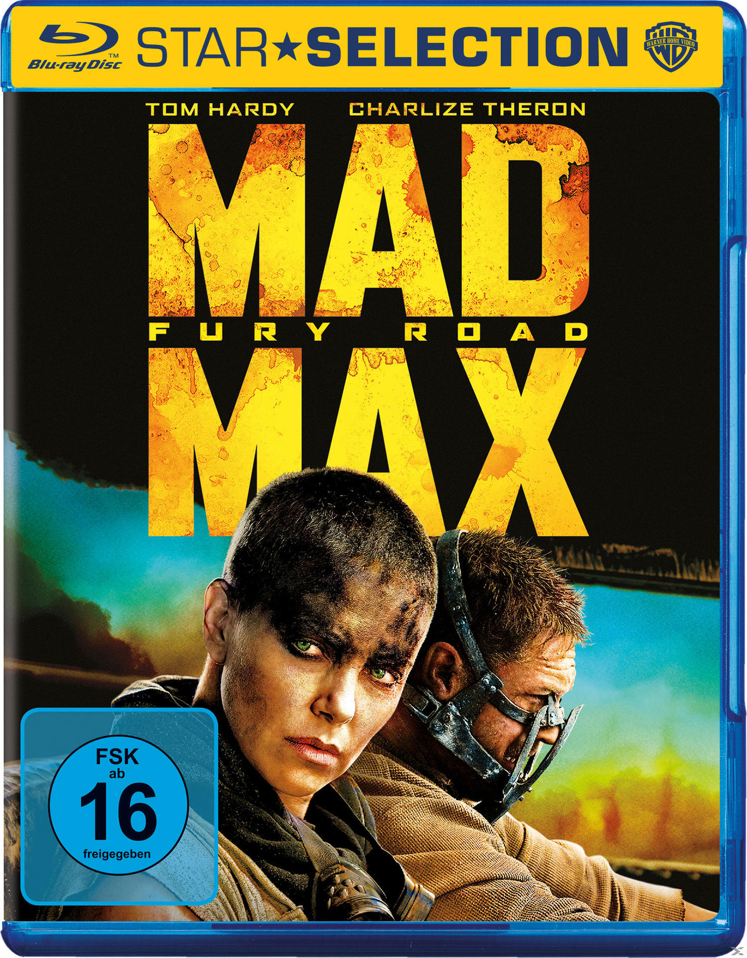 Mad Max: Fury Road Blu-ray-Cover. Tom Hardy und Charlize Theron sind zu sehen. Der Titel steht in großen gelben Buchstaben.
