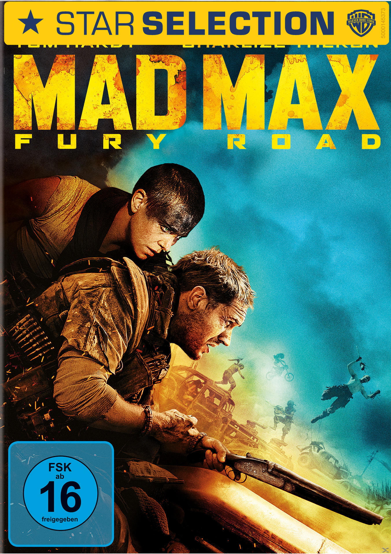 Mad Max Fury Road DVD-Cover. Zwei Personen im Vordergrund. Explosionen und Fahrzeuge im Hintergrund.