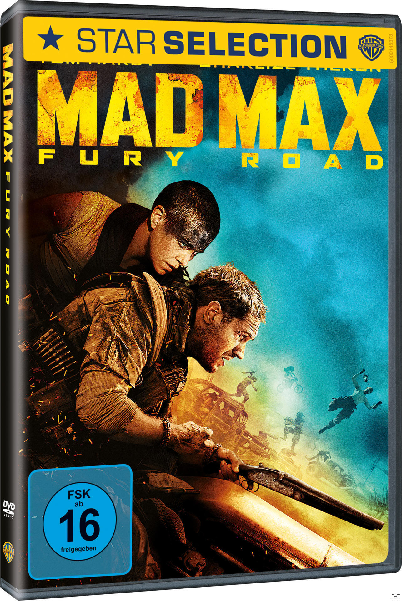 DVD-Cover für Mad Max: Fury Road. Zeigt zwei Personen in einer Wüstenszene, Titel oben und Altersbeschränkung unten.