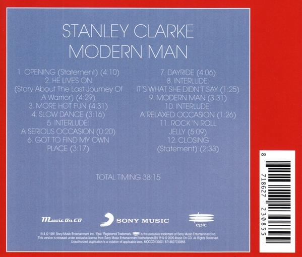 CD achterkant met tracklijst en albumtitel: Modern Man van Stanley Clarke.
