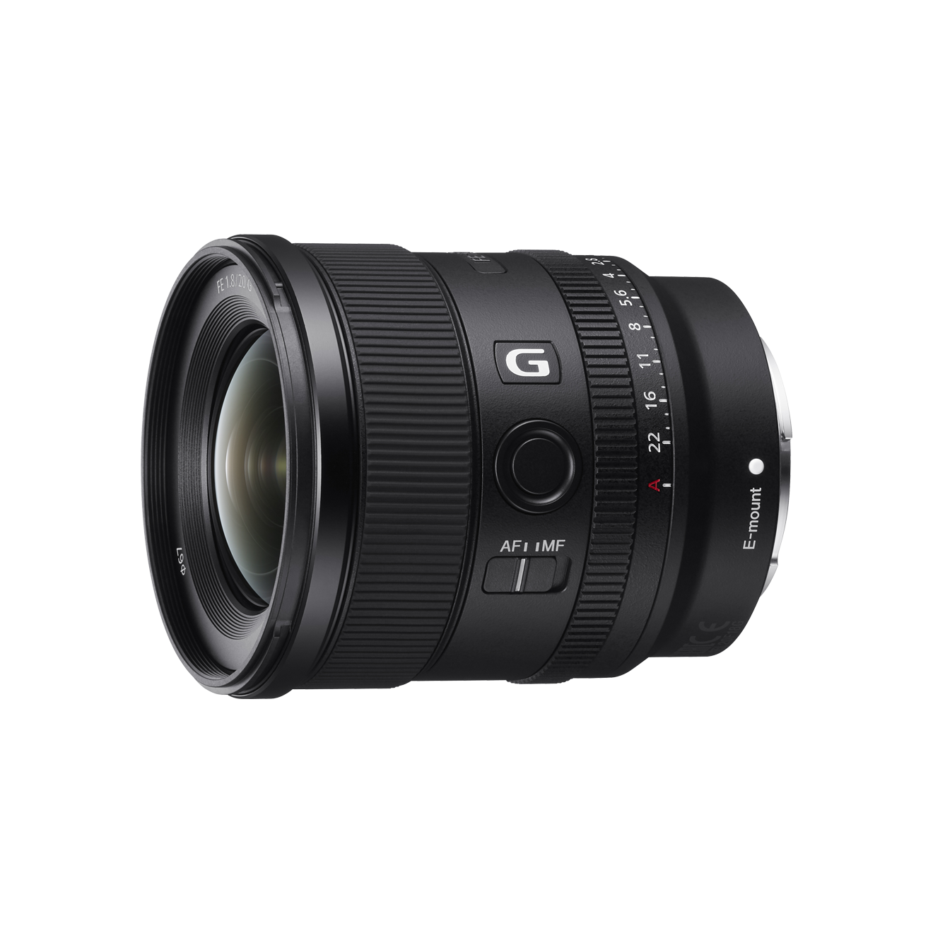 Sony E-Mount-Objektiv, schwarz, mit Markierungen. Isoliert auf schwarzem Hintergrund.