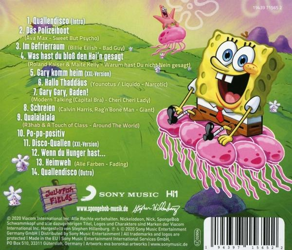 Rückseite einer SpongeBob CD mit farbenfrohen Illustrationen und Titelliste.