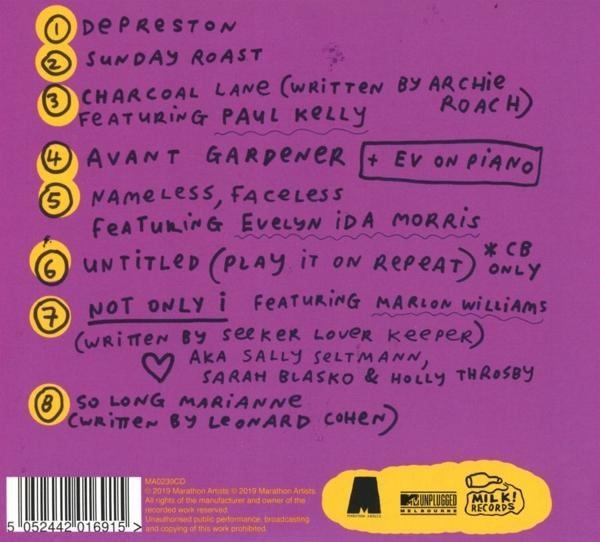 Dos d'un CD, avec les titres des chansons et les noms des artistes, sur un fond violet.