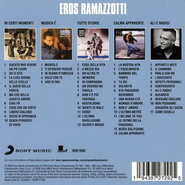 CD-Cover. Eros Ramazzotti-Album, mehrere Albumcover und Titellisten.