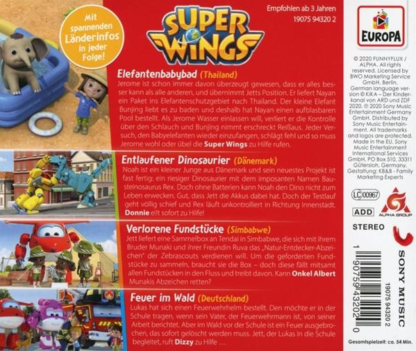 Die Rückseite einer Super Wings DVD mit Text und Bildern.