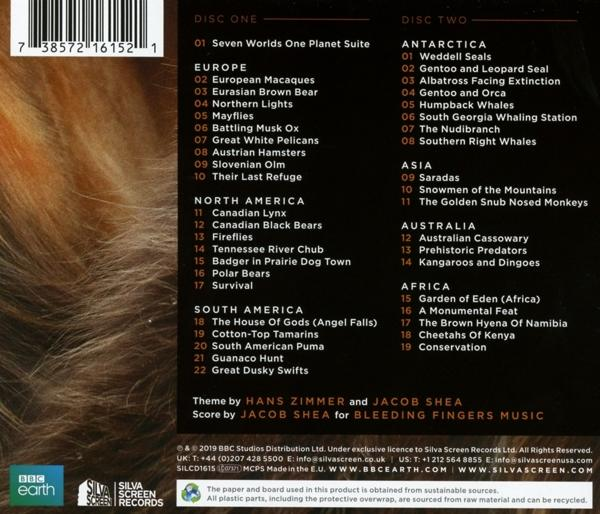 Rückseite eines CD-Gehäuses mit Titellisten, dem BBC Earth-Logo und Silva Screen Records.