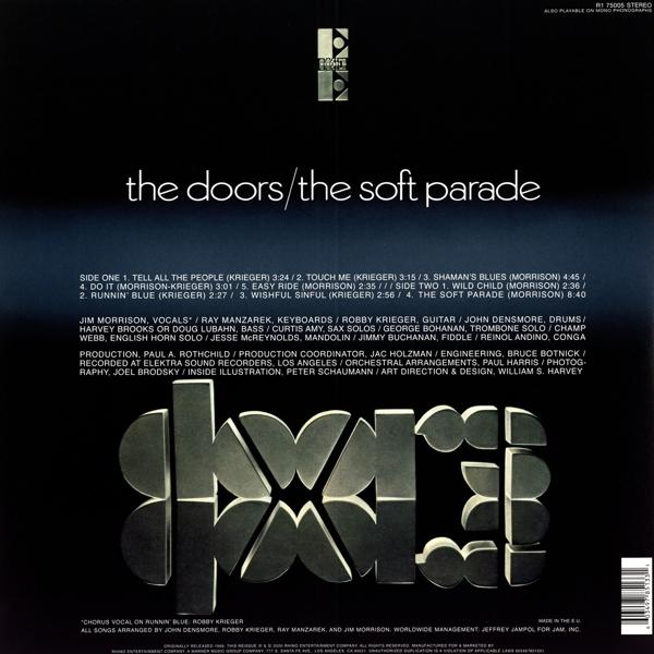 Album The Doors, verso, liste des titres, membres du groupe, crédits, fond noir.