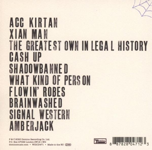 Dos de CD avec titres de chansons. Le texte est blanc sur fond beige. Une toile d'araignée dans le coin.