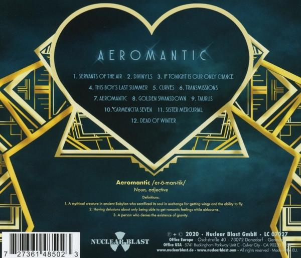 CD-Rückseite mit Titeln. Herzförmiges Design mit goldenen Akzenten, blauer Hintergrund.