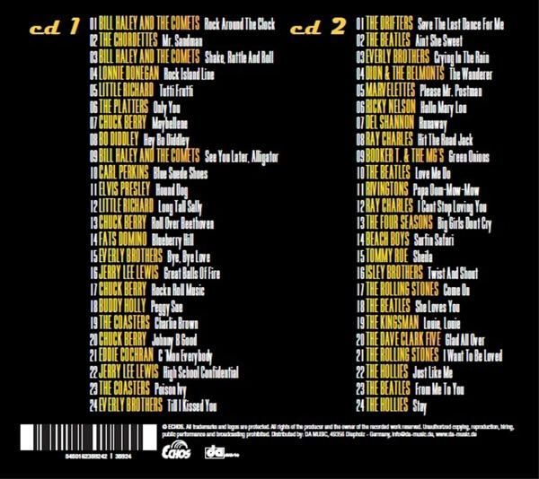 Die Rückseite einer CD-Hülle mit einer Liste von Liedern von zwei CDs. Der Titel lautet "Rock 'n' Roll".