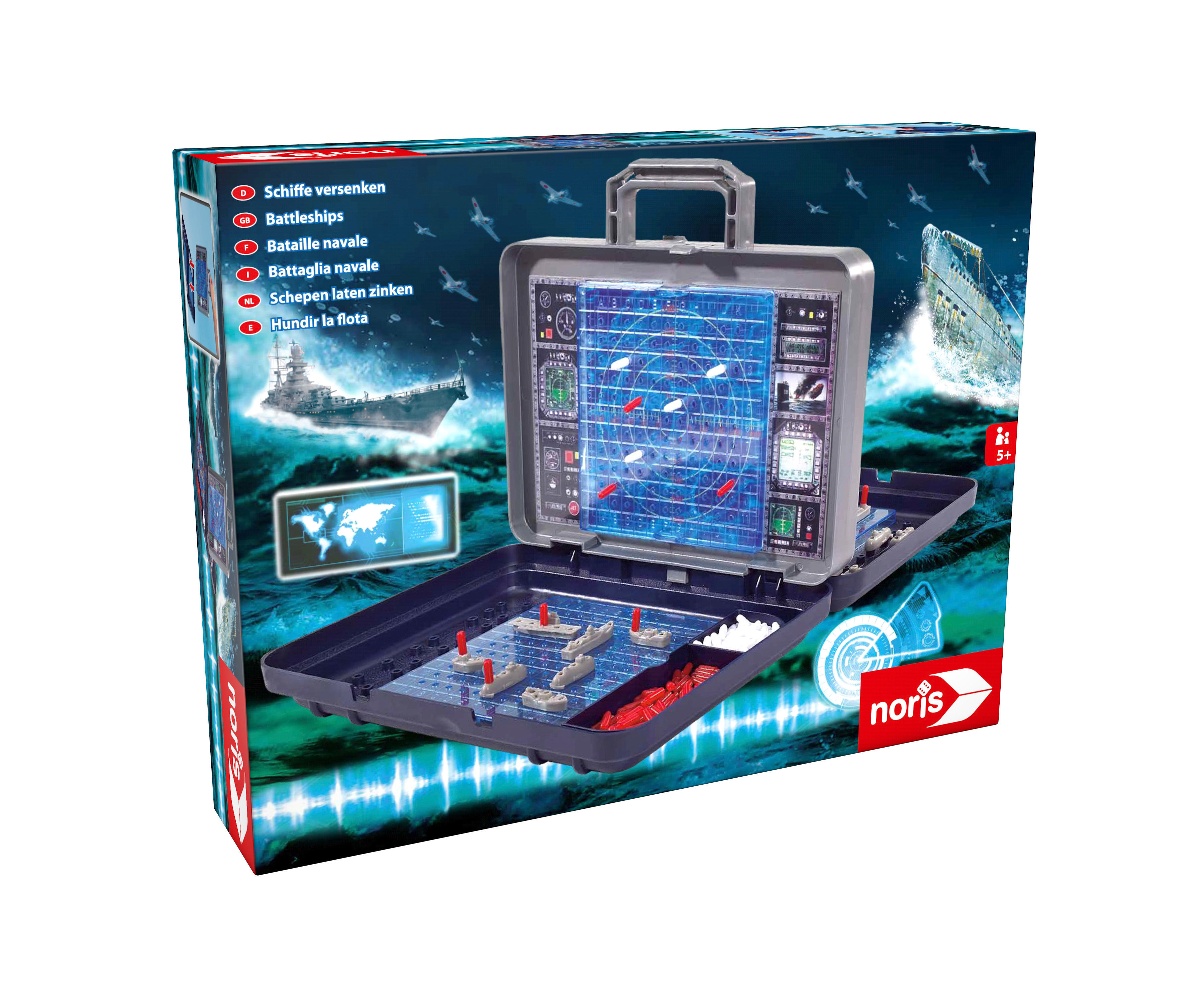 Schiffe versenken Spielbox mit Illustrationen von Schiffen und Meer.