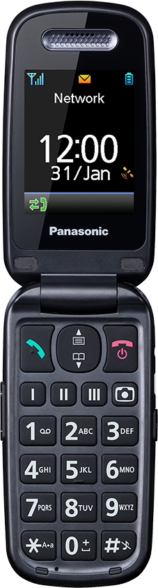 Fekete kagylótelefon nagy gombokkal és kijelzővel. Panasonic márka.