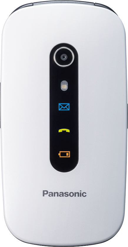 Fehér flip telefon, zárt, kamerával és fényjelzőkkel, Panasonic logó.