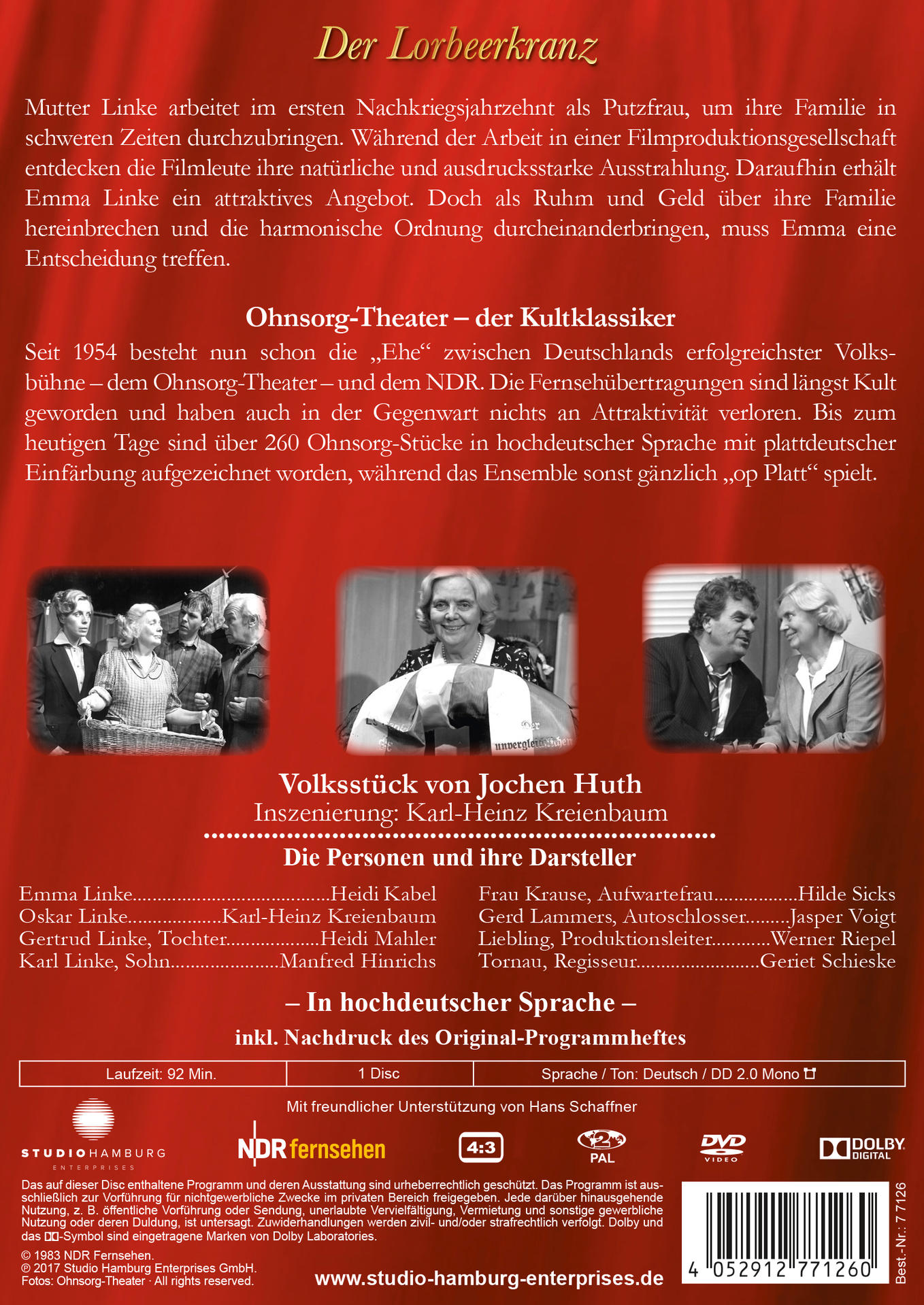 Ein Theater-Flyer. Text auf Deutsch. Zeigt ein Foto eines Theaterstücks mit Schauspielern und Publikum.