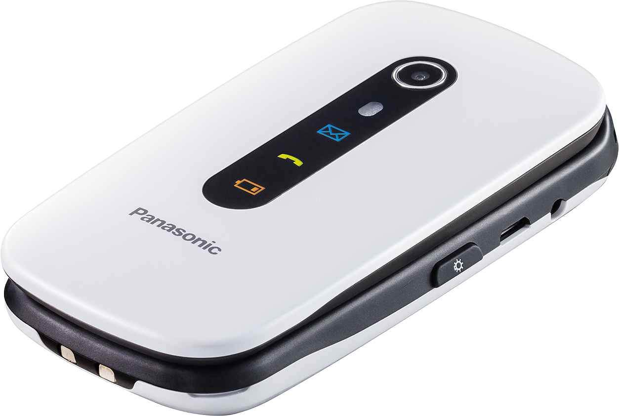 Fehér Panasonic kagylótelefon ikonokkal és kamerával.