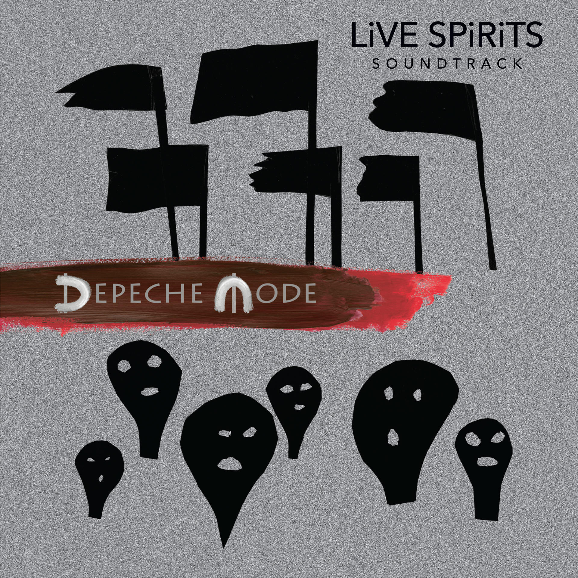 Pochette d'album avec drapeaux noirs, logo Depeche Mode et peinture rouge.