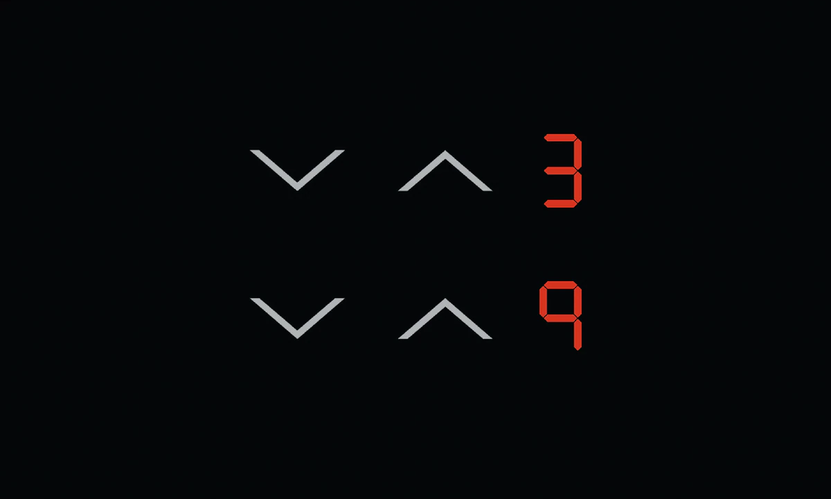 Fond noir avec flèches haut et bas, avec les chiffres 3 et 9 en rouge.
