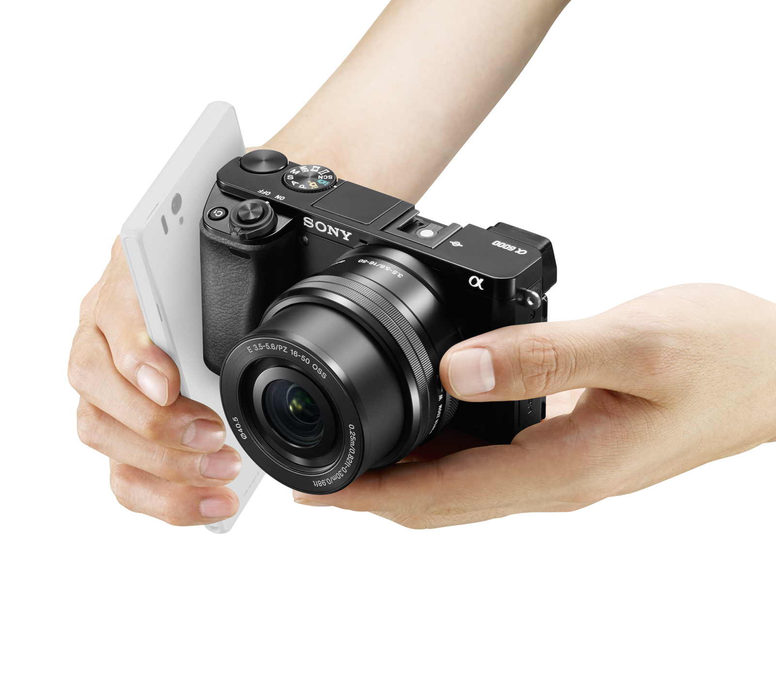 Eine schwarze SONY Kamera wird von zwei Händen gehalten.