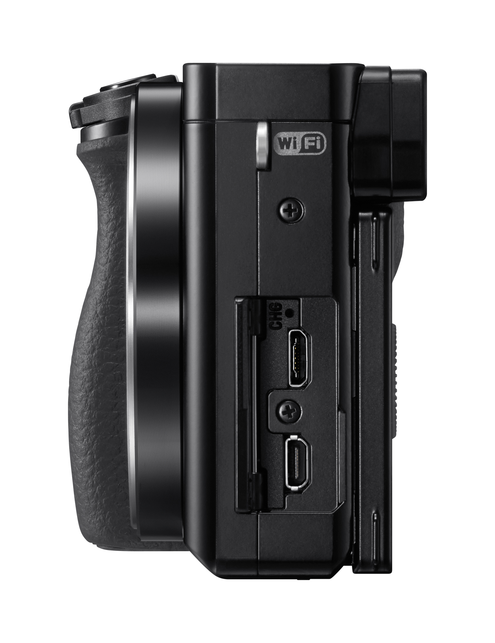 Schwarze Kamera, Seitenansicht, mit Anschlüssen.