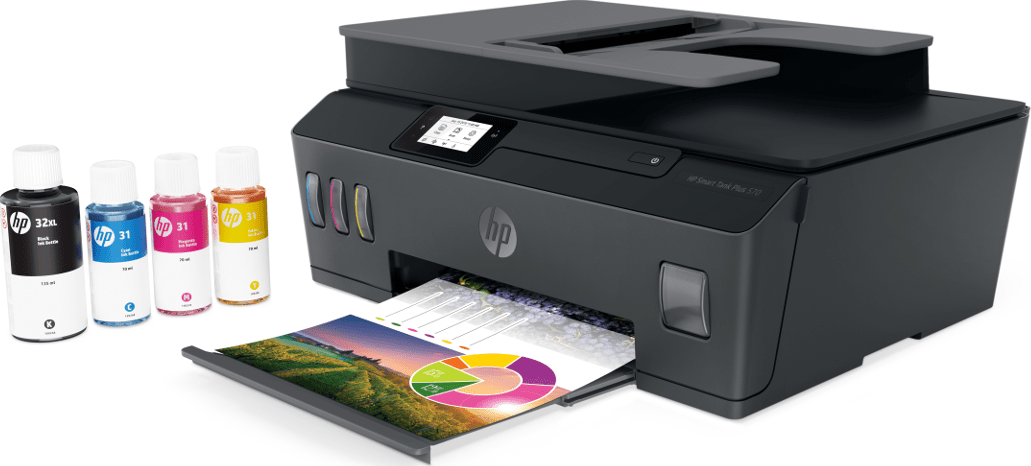 HP Smart Tank Drucker mit vier Tintenflaschen (schwarz, cyan, magenta, gelb) und einem gedruckten Dokument.