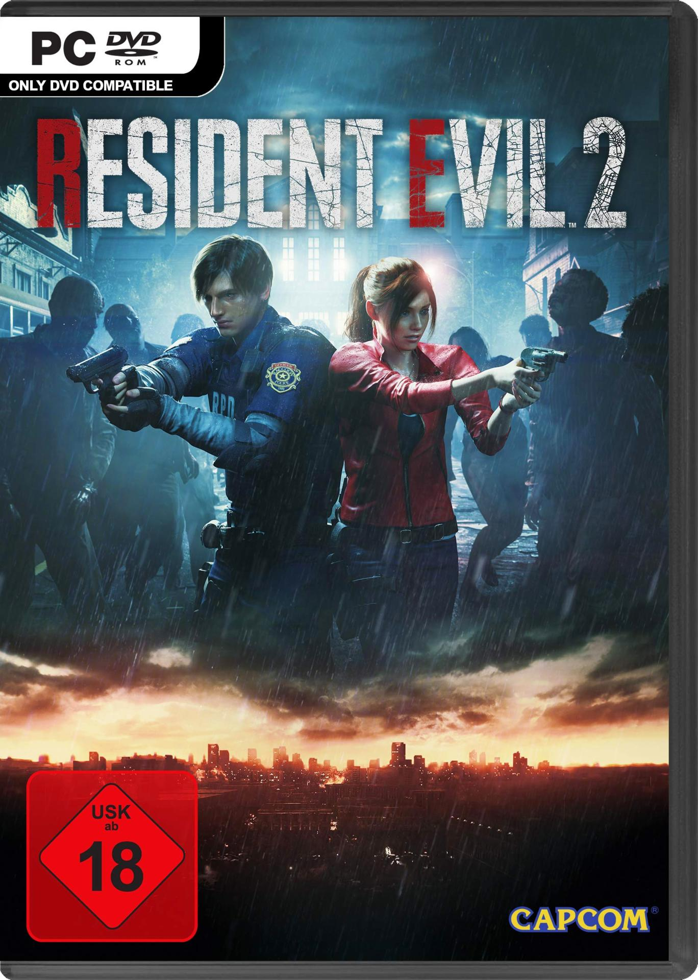Spielverpackung. Zwei Personen mit Waffen, mit Stadtkulisse. Die Worte 'Resident Evil 2' stehen oben.