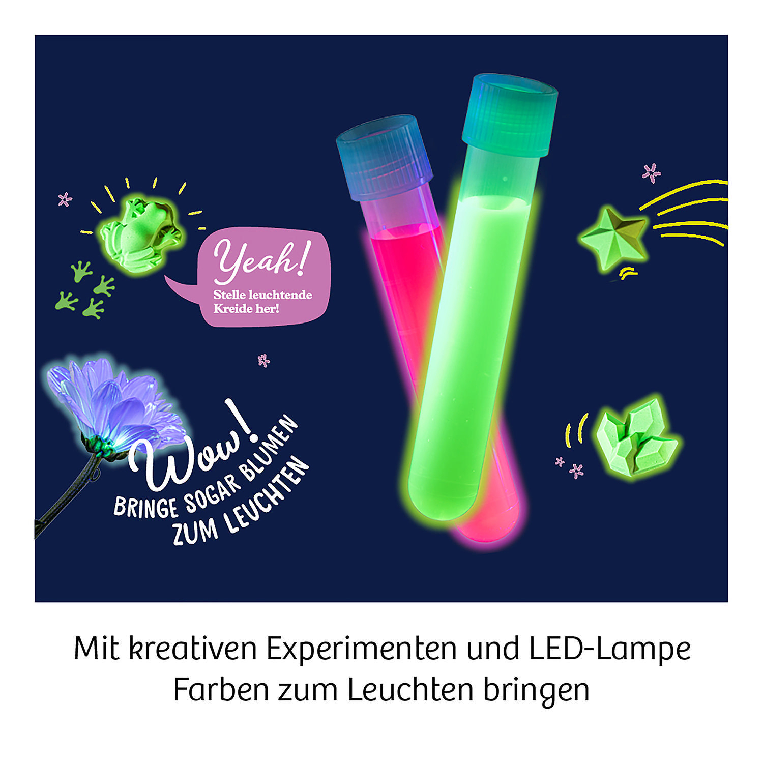 Zwei Reagenzgläser mit leuchtender Flüssigkeit, eine Blume und Sterne mit Text. Dunkler Hintergrund.