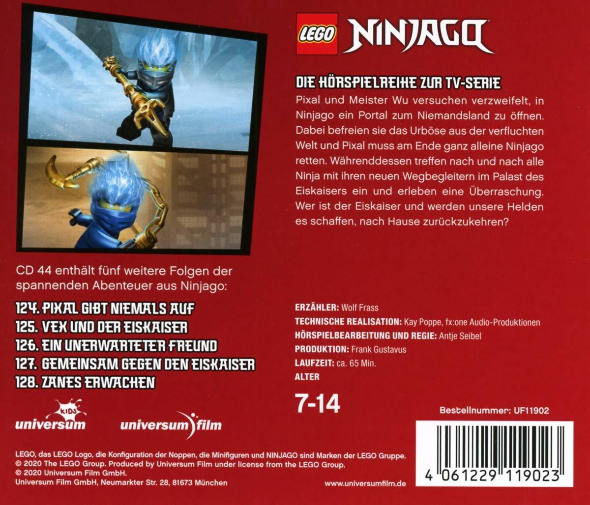 Das Cover einer Lego Ninjago CD-Hülle mit Text und Bildern.