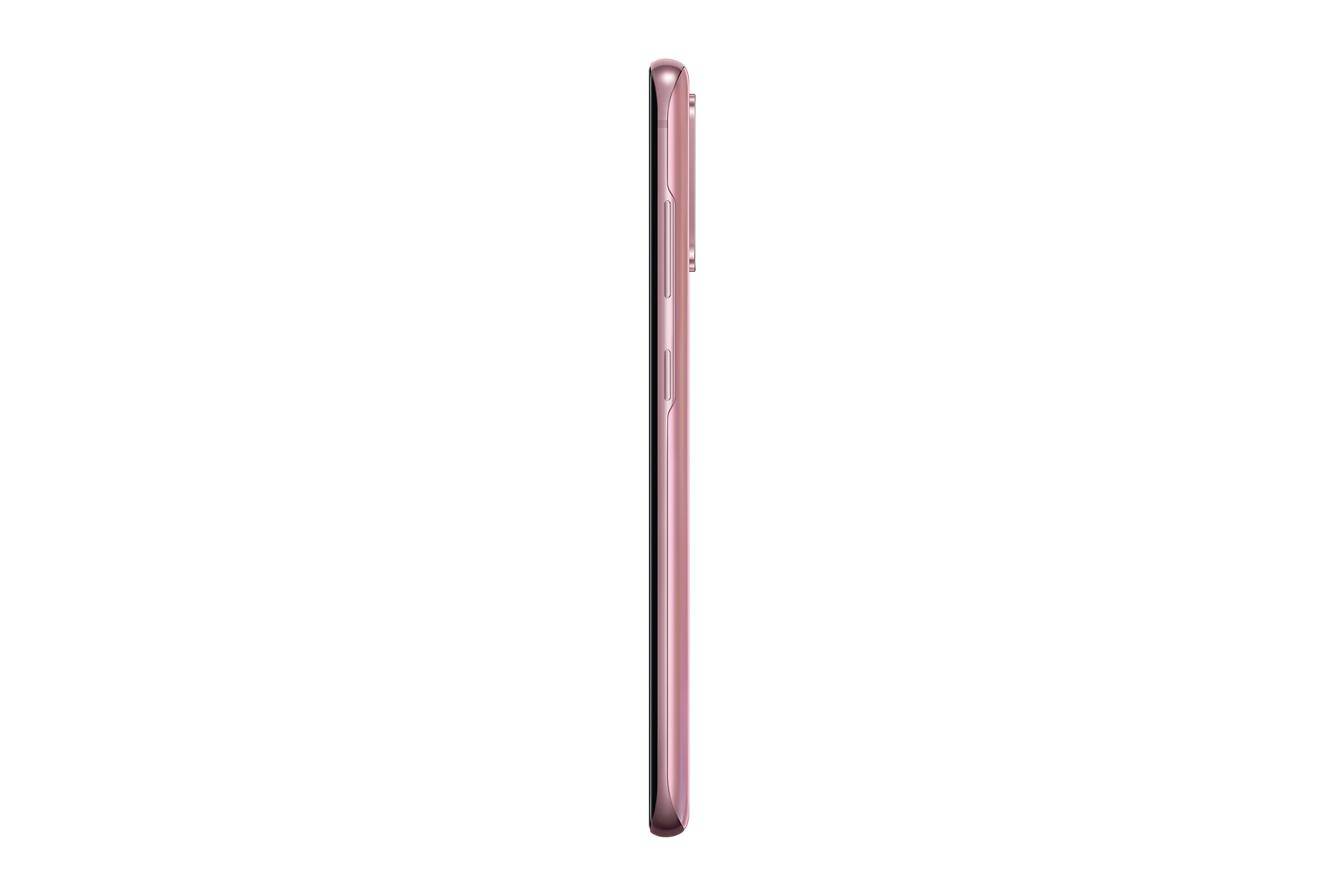 Roségoldenes Telefon, Seitenansicht, auf weißem Hintergrund. Schlank, mit Lautstärke- und Ein/Aus-Tasten.
