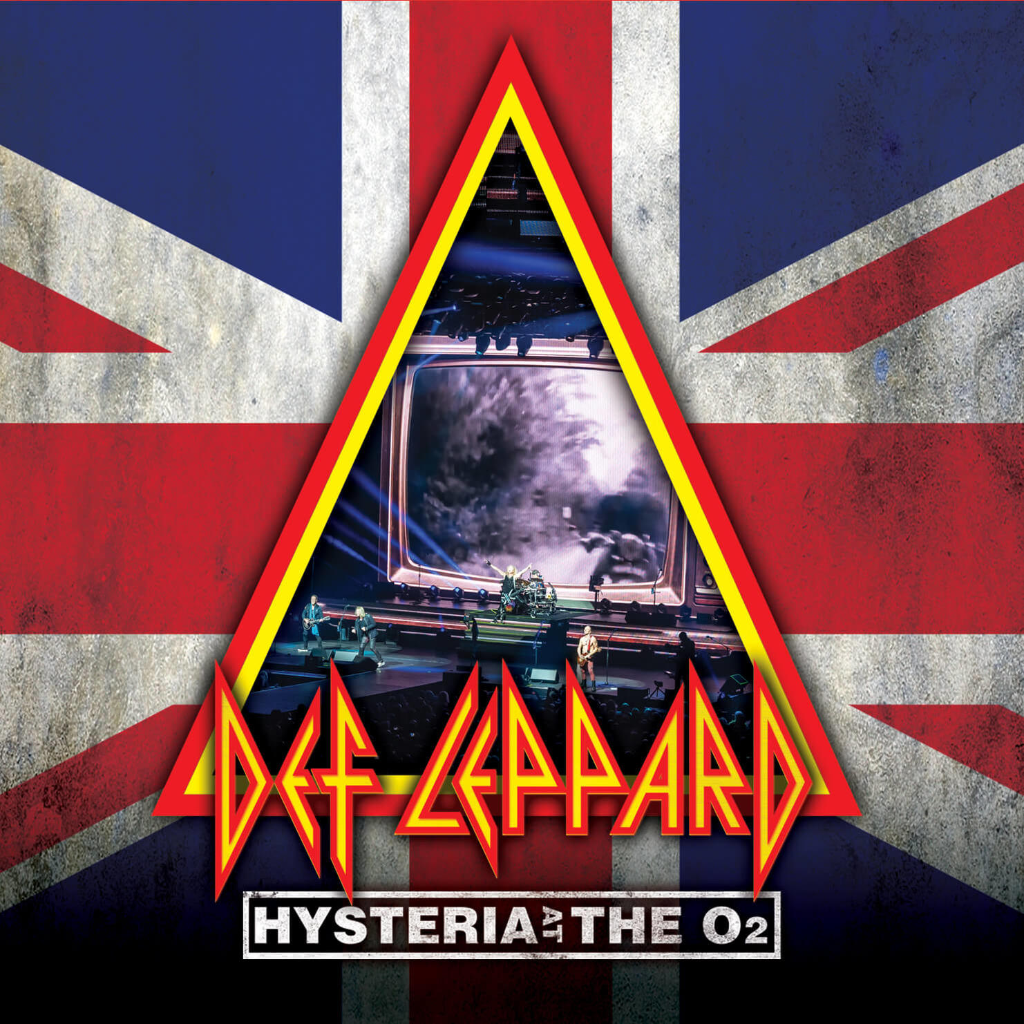 Def Leppard albumhoes met Union Jack achtergrond en een centraal tv-scherm.