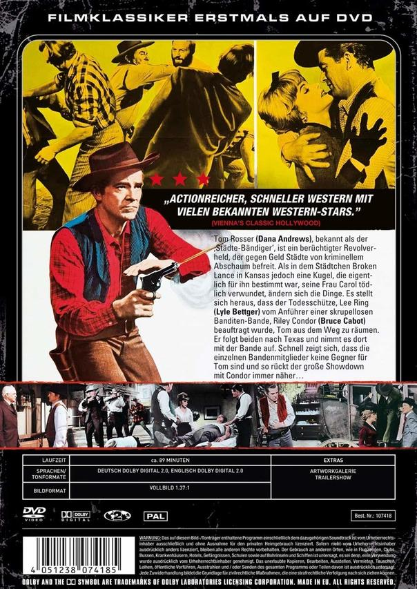 Rückseite einer DVD-Hülle mit einer Western-Filmszene und Text auf Deutsch.
