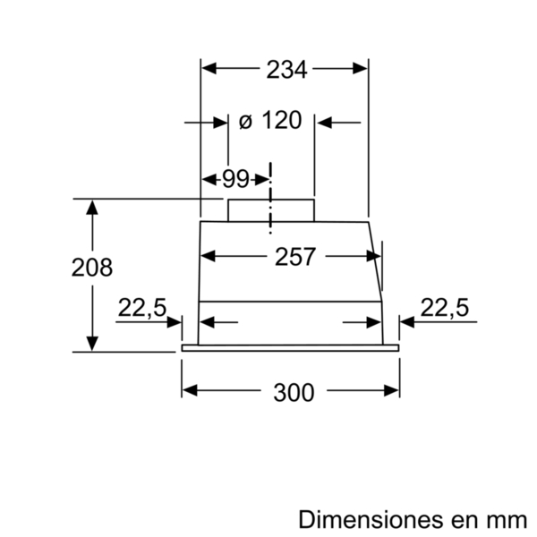Dibujo técnico de una campana extractora con dimensiones en mm. Muestra una forma rectangular con medidas especificadas.