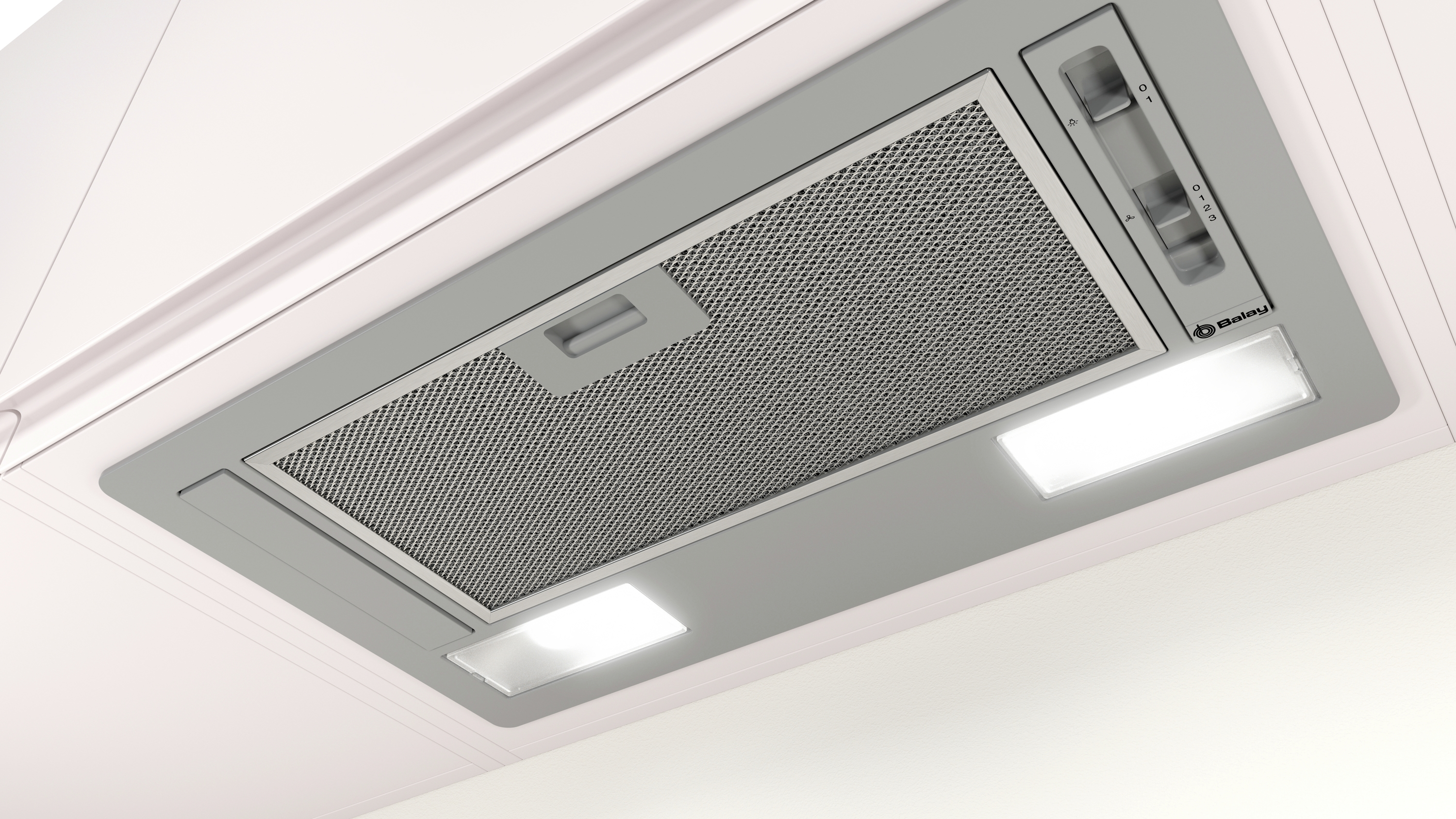 Primer plano de una campana extractora blanca con luces y panel de control.