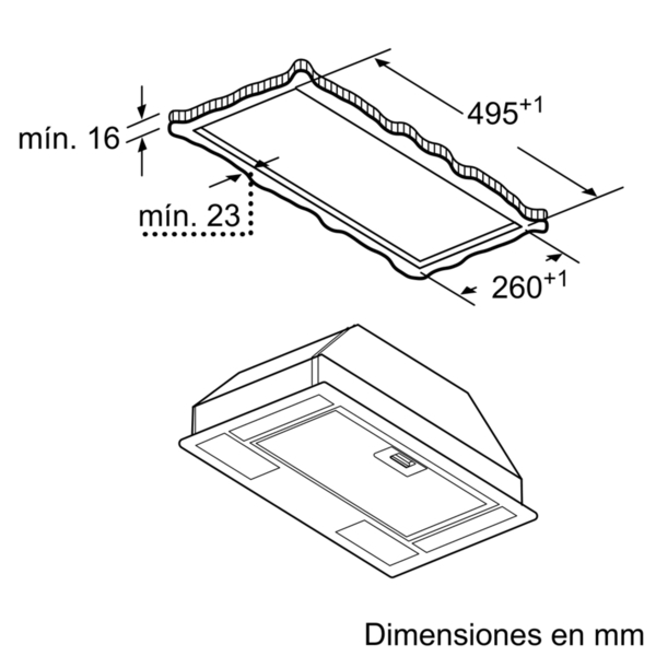 Dibujo técnico de una campana extractora rectangular con dimensiones en milímetros.