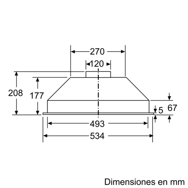 Diagrama que muestra las dimensiones de una campana extractora. Muestra altura, ancho y profundidad en milímetros.