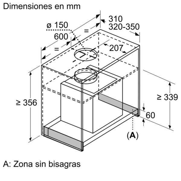 Diagrama que muestra las dimensiones de una campana extractora, con vista superior y lateral.