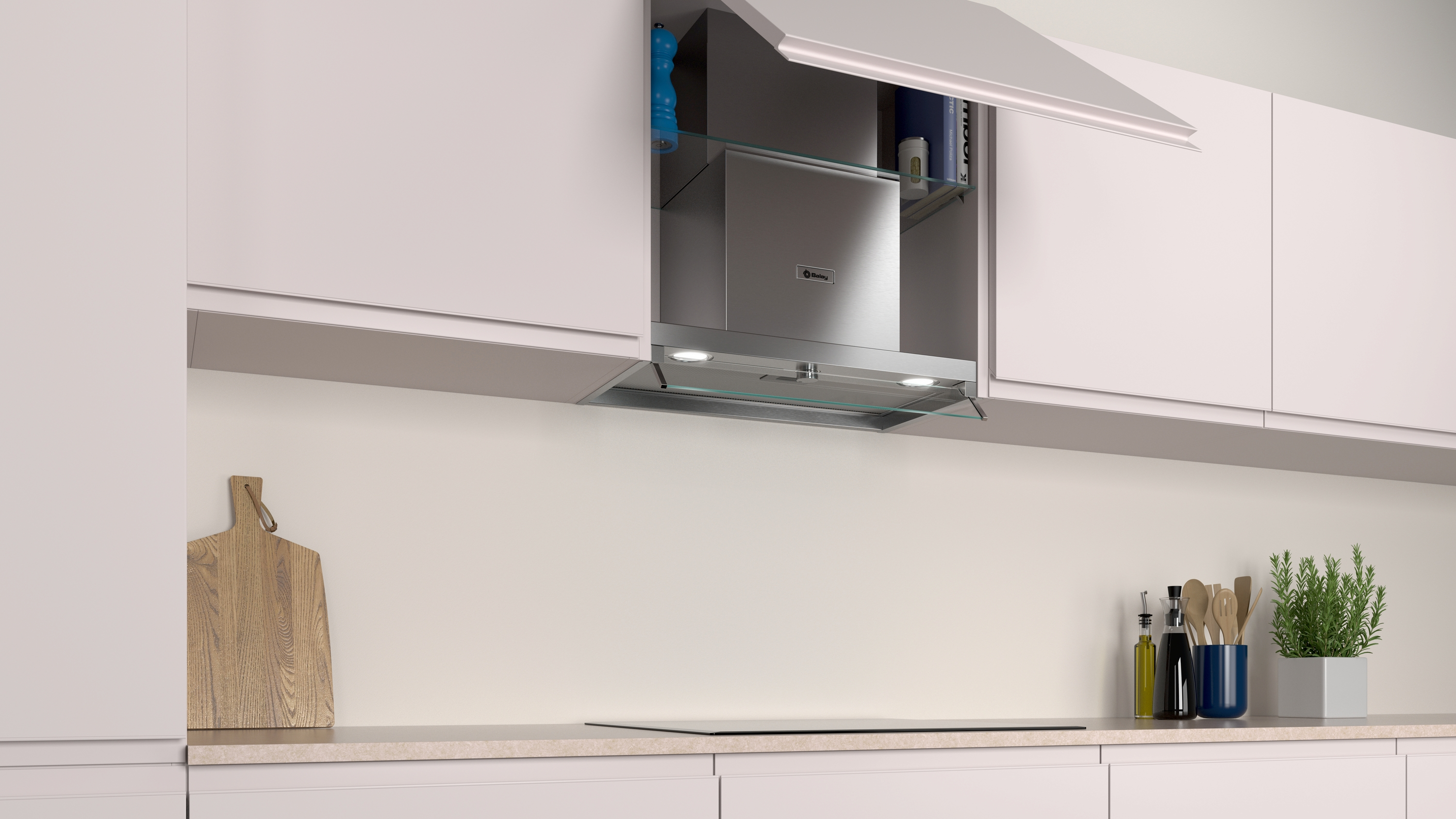 Una cocina blanca con una campana extractora y una tabla de cortar.